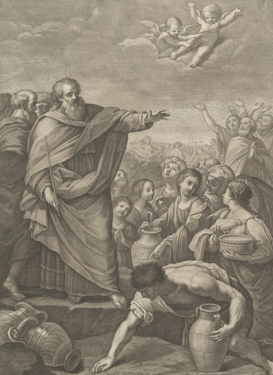 موسى على اليسار مع بني إسرائيل الذين يجمعون المن عند سقوطه من السماء ، ملاكان أب ... ، 1776 بواسطة بينيديتو إيريدي