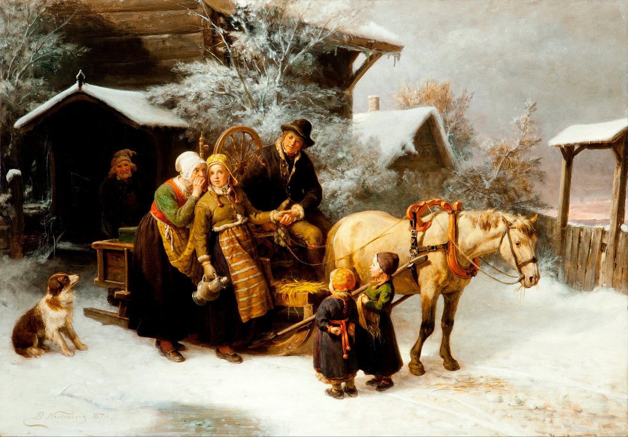 مشهد "Le Depart de la maison" في منطقة Dalecarlian في السويد (Leaving Home (Dalecarlian Scene) - رسم بنجت نوردنبرغ (1822-1902) - زيت على قماش قاتم 54.5x78 سم Hallwylska Museet ، ستوكهولم بواسطة بينج نوردنبرج