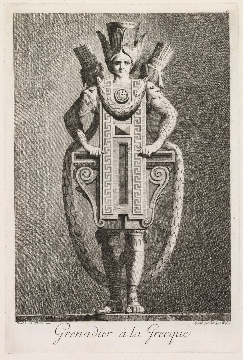 Masquerade à la Grecque: Grenadier à la Grecque Plate 3 ، 1771. بواسطة بينينو بوسي