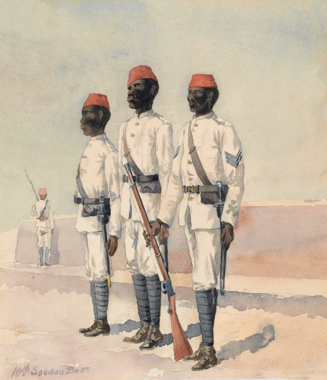 رقيب و رتبتين أخريين من الكتيبة السودانية العاشرة حوالي 1889 (ألوان مائية) بواسطة بنيامين دونيسثورب ألسوب دون