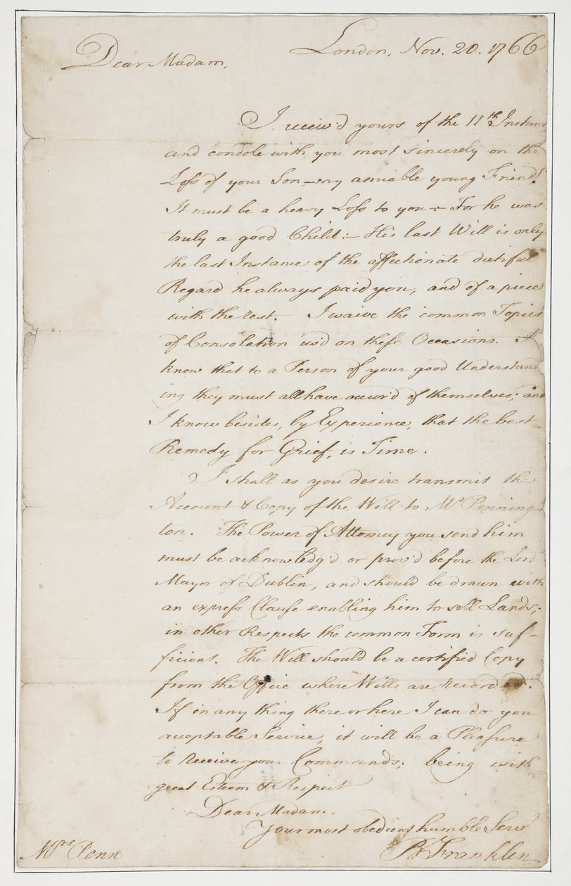 خطاب توقيع إلى السيدة آن بن ، لندن ، 20 نوفمبر 1766 (قلم وحبر على ورق) بواسطة بنيامين فرانكلين