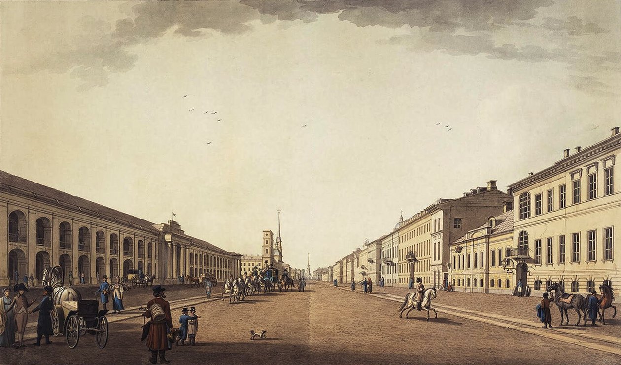 منظر لنيفسكي بروسبكت بالقرب من Gostiny Dvor في سانت بطرسبرغ ، 1799 بواسطة بنيامين باترسن