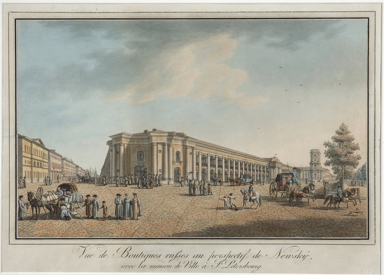 Nevsky Prospekt (منظور نيفسكي) بالقرب من Great Gostiny Dvor و City Duma في سانت بطرسبرغ - Benjamin Paterssen (1748-1815). النقش ، بالألوان المائية ، بعد عام 1802. متحف الدولة لتاريخ سانت بطرسبرغ بواسطة بنيامين باترسون