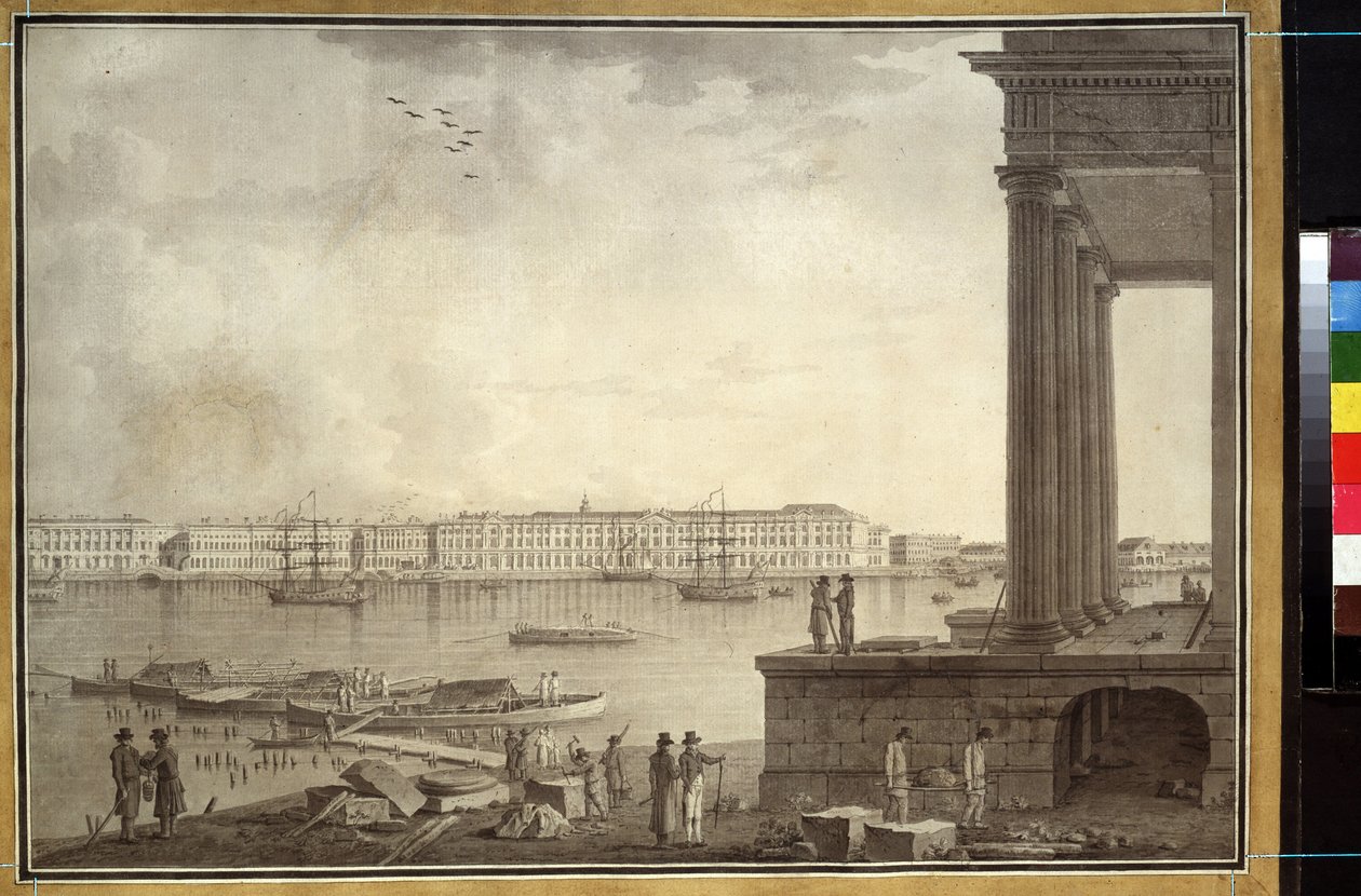 منظر لقصر الشتاء والبورصة في سانت بطرسبرغ. عمل بنجامين باتيرسن (1748-1815) ، قلم رصاص وحبر على ورق ، حوالي عام 1790. الفن السويدي بواسطة بنيامين باترسون