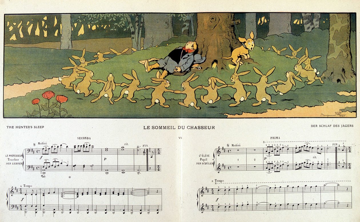 الأرانب تدور حول صياد نائم - في "" Les images en musique "لجين فيو ، رسم بنجامين رابير (1864-1939) بواسطة بنيامين رابيير