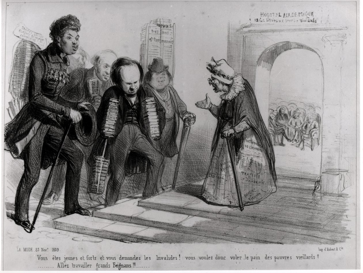 Dumas ، Hugo et Balzac يسعون إلى قبولهم في الأكاديمية الفرنسية ، رسم توضيحي من `` La Mode &39;&39; ، 23 نوفمبر 1839 (النقش) (bw photo) بواسطة بنيامين روبود