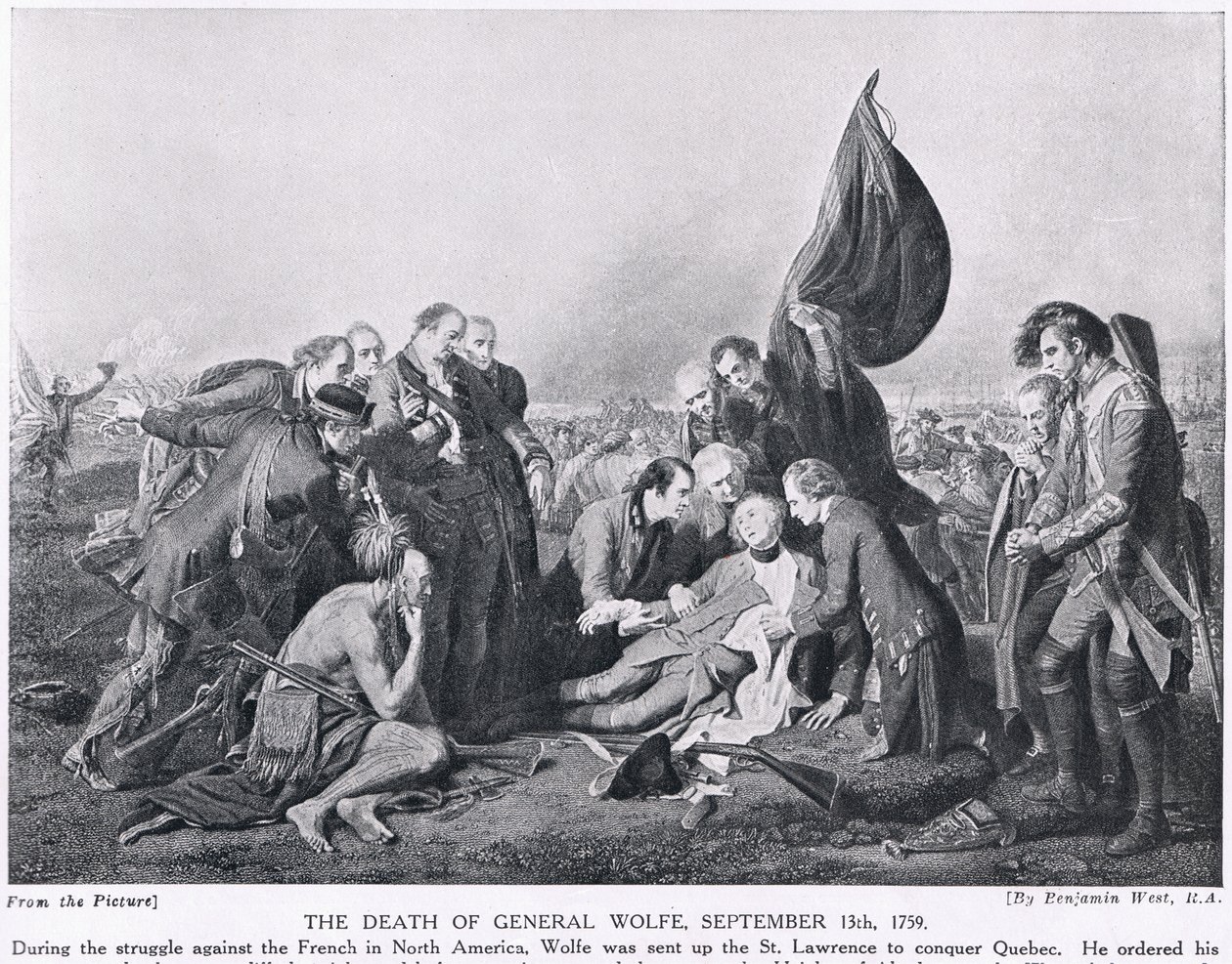 وفاة الجنرال وولف ، 13 سبتمبر 1759 ، رسم توضيحي من "تاريخ الأمم لهتشينسون" ، ج .1910 بواسطة بنيامين ويست