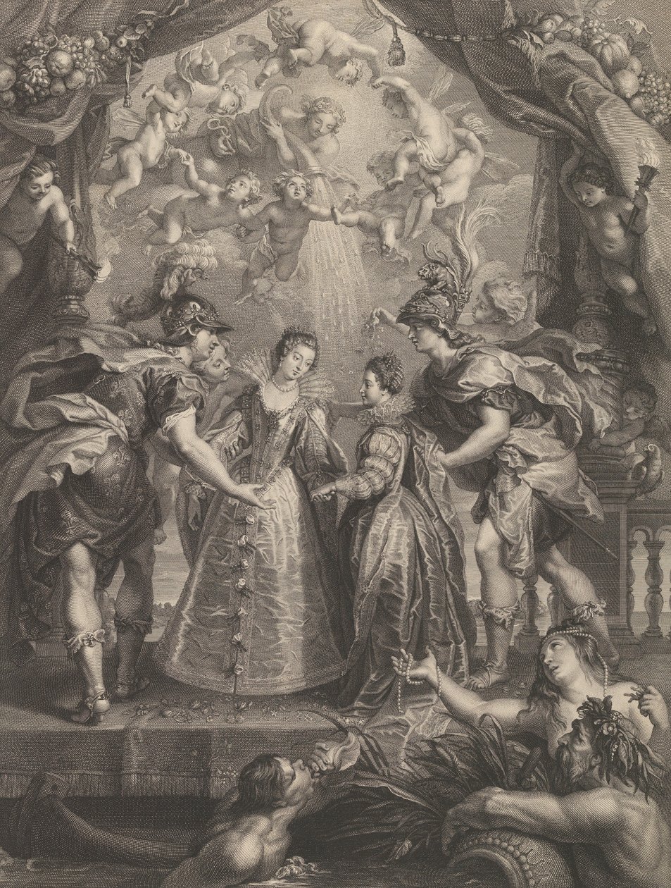 اللوحة 17: تبادل الأميرات في Hendaye ، مشهد استعاري مع Anne of ... ، 1707-10 بواسطة بنوا أودران الأول