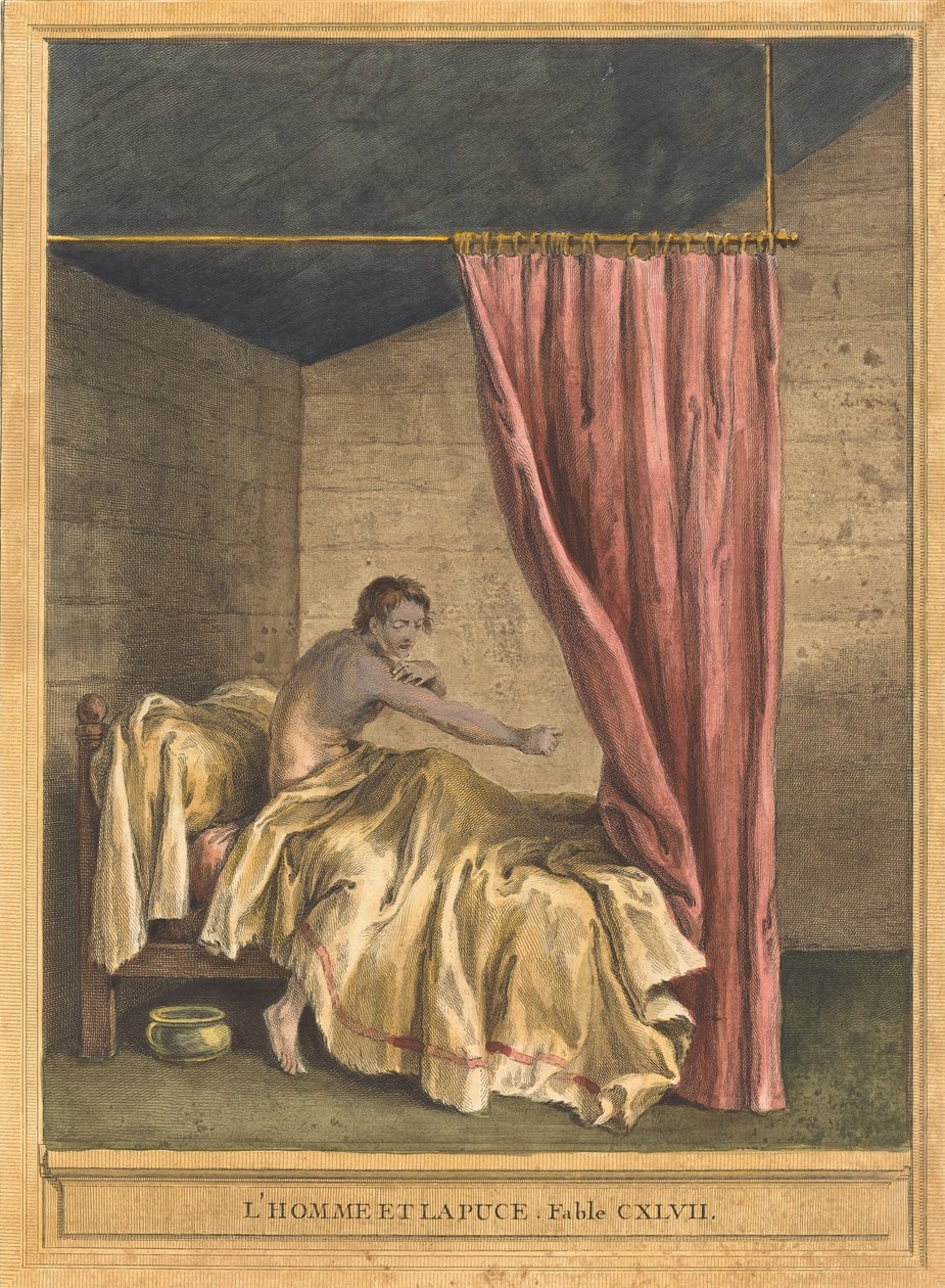 L'homme et la puce The Man with Fleas ، نُشر عام 1756. بواسطة بينوا لويس بريفوست