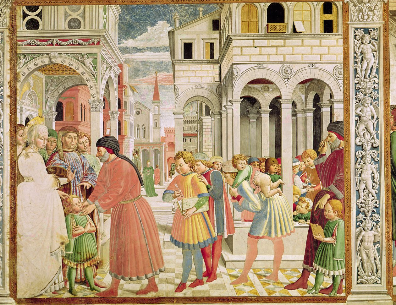 يقود القديس أوغسطين والديه في مدرسة تاجاست ، من حياة القديس أوغسطين ، 1464-65 بواسطة Benozzo di Les di Sandro Gozzoli