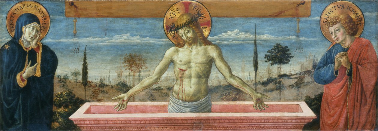رجل الأحزان بين العذراء والقديس يوحنا الإنجيلي ، 1469-1474. بواسطة Benozzo Gozzoli