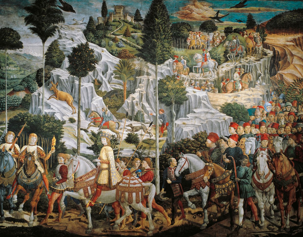 موكب الملوك المجوس إلى بيت لحم ، بواسطة Benozzo Gozzoli (1420-1497) ، لوحة جدارية ، تمبرا وزيت على الحائط ، كنيسة Palazzo Medici Riccardi ، فلورنسا بواسطة Benozzo di Les di Sandro Gozzoli