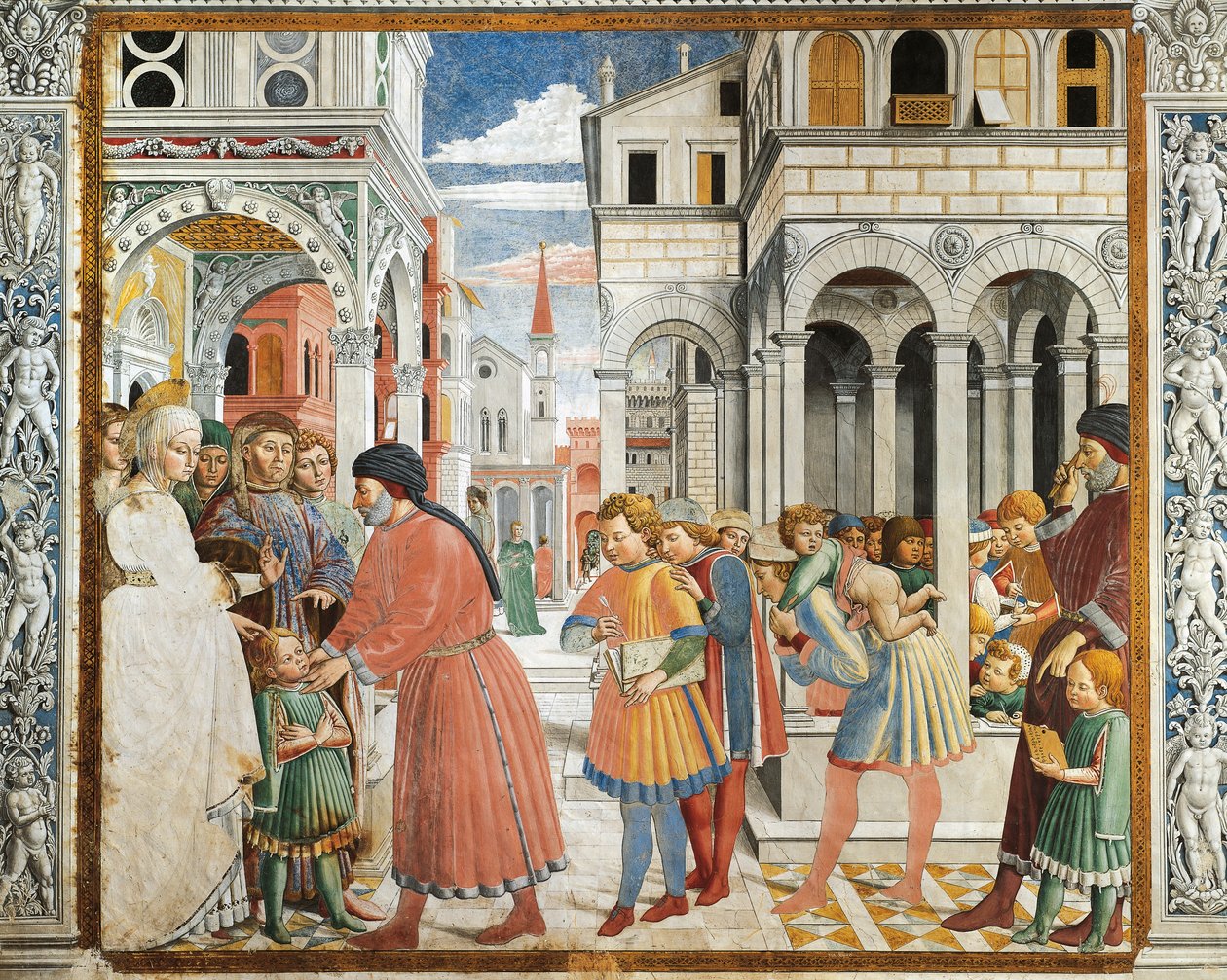 أخذ والديه القديس أوغسطين إلى مدرس قواعد اللغة في تاجاستي ، بواسطة بينوزو غوزولي (1420-1497) ، لوحة جدارية ، كنيسة القديس أوغسطين ، سان جيميجنانو (قائمة اليونسكو للتراث العالمي بواسطة Benozzo di Les di Sandro Gozzoli