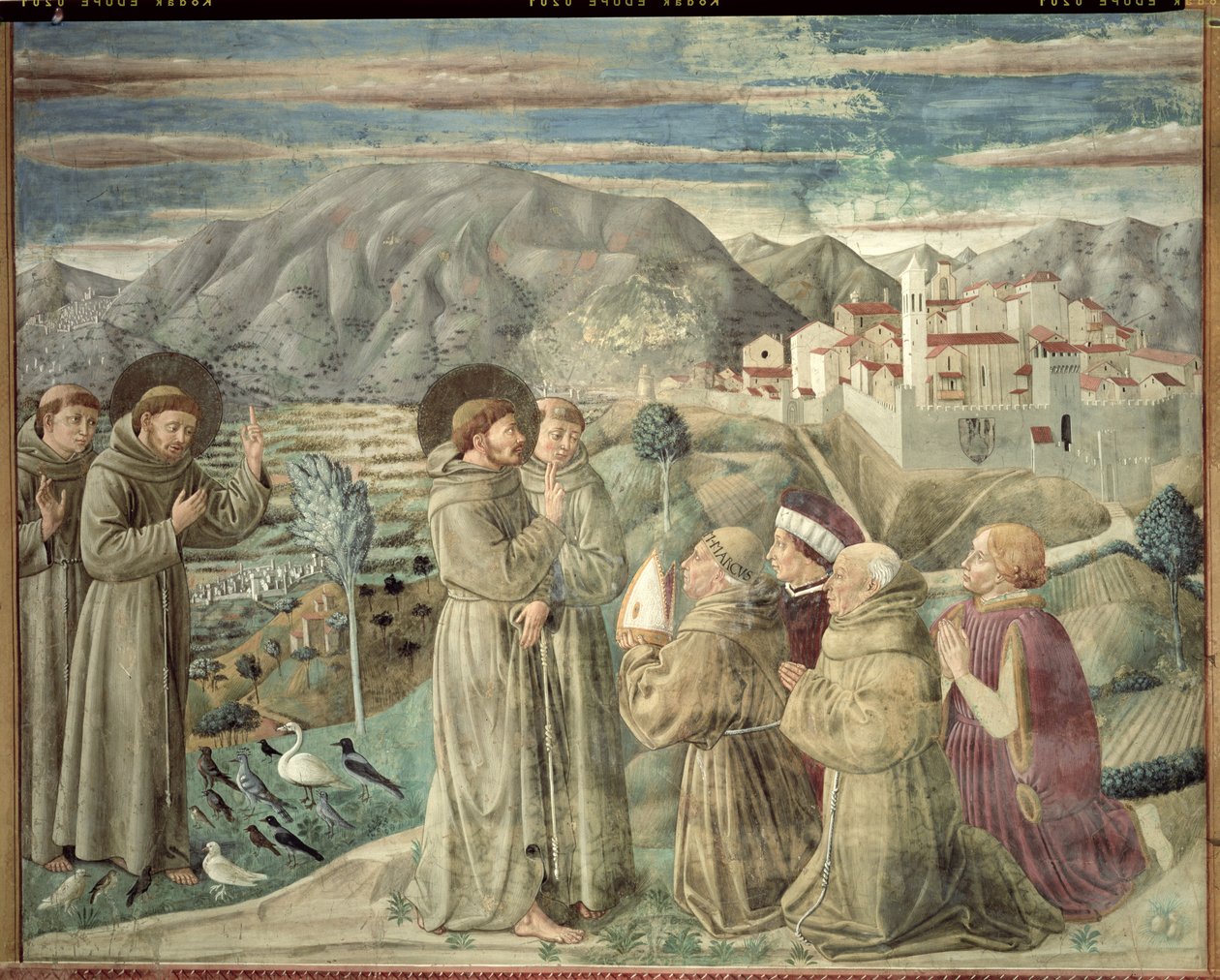 القديس فرنسيس الوعظ للطيور ومباركة مونتيفالكو ، 1452 بواسطة Benozzo di Les di Sandro Gozzoli