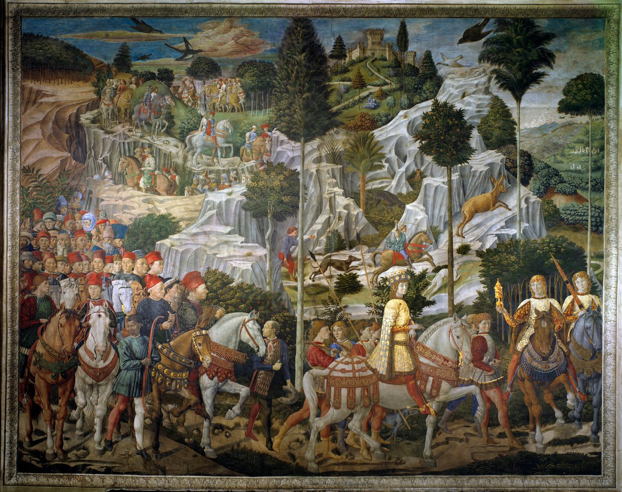The Journey of the Magi. Cortege of the Magi of Jerusalem a Bethleem called “Viaggio dei Magi” or “Cavalcata dei Magi” in Italian. Landscape detail. Fresco of the east wall of the Chapel of the Magi of Benozzo di Lese di Sandro dit Benozzo Gozzoli (1421-14 بواسطة Benozzo di Les di Sandro Gozzoli