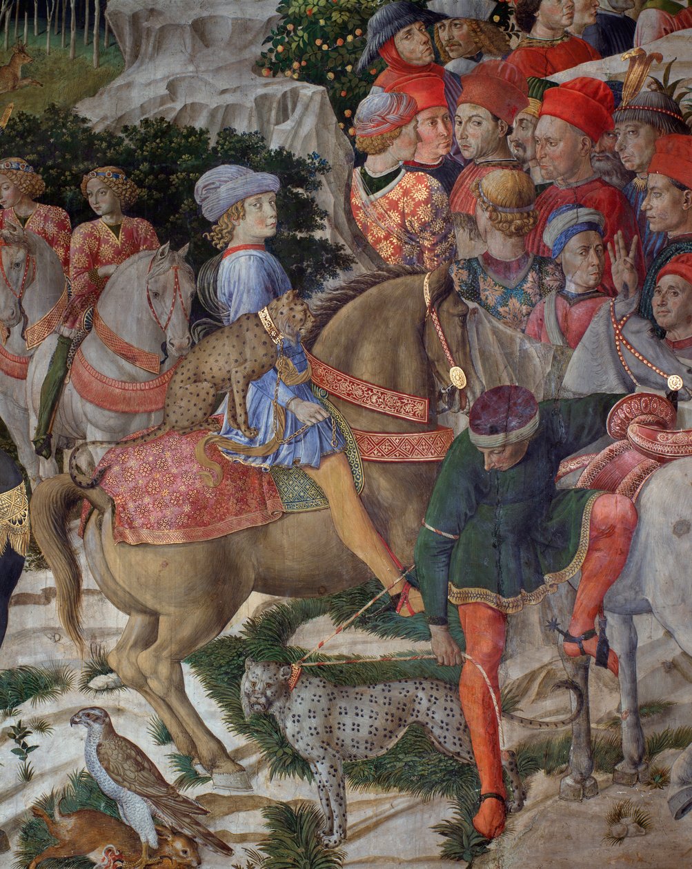 رحلة مجوس كورتيج مجوس القدس إلى بيت لحم تستدعي باللغة الإيطالية "Viaggio dei Magi" أو "" Cavalcata dei Magi "التفاصيل بقلم جوليان دي ميديشي (1453-1478) (جوليانو دي ميديتشي) لوحة جدارية للجدار الشرقي من مصلى المجوس - Benozzo di بواسطة Benozzo di Les di Sandro Gozzoli
