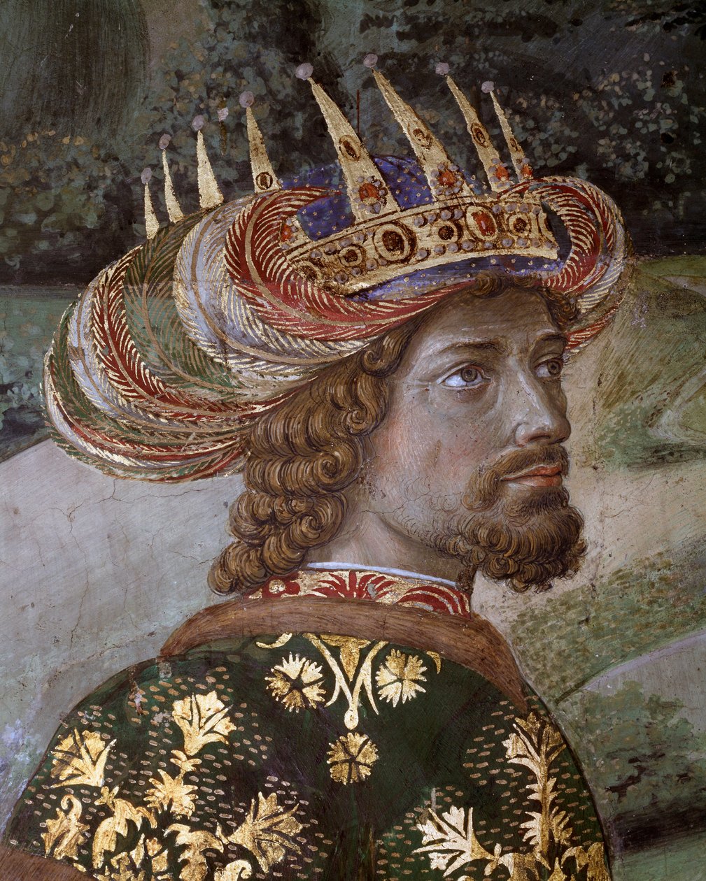 رحلة مجوس كورتيج مجوس القدس إلى بيت لحم تُدعى باللغة الإيطالية "Viaggio dei Magi" أو "Cavalcata dei Magi" تفاصيل بالتازار تحت سمات John VIII Paleologist ، الإمبراطور البيزنطي (John VII Palaiologos (or Palaeologus)) Fresco بواسطة Benozzo di Les di Sandro Gozzoli