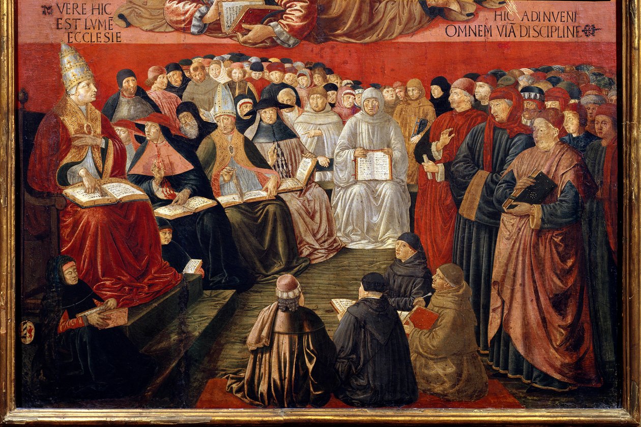 انتصار القديس توما الأكويني (1225-1274) يمثل بالتفصيل البابا سيكستوس الرابع (1414-1484) يترأس مجلسًا بحضور القديس توما الأكويني والقديس بونافنتورا (الذي عينه). لوحة Benozzo di Lese di Sandro من Benozzo Gozz بواسطة Benozzo di Les di Sandro Gozzoli