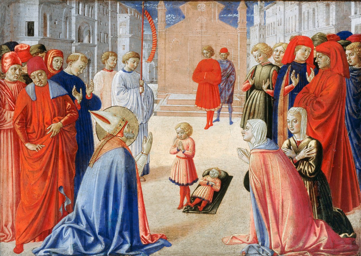 Zenobe de Florence (Saint Zenobe ، San Zanobi ou Zenobio) (337-417) - القديس زنوبيوس يربي ولدًا من الموت - Peinture de Gozzoli ، Benozzo (حوالي 1420-1497) بواسطة Benozzo di Les di Sandro Gozzoli