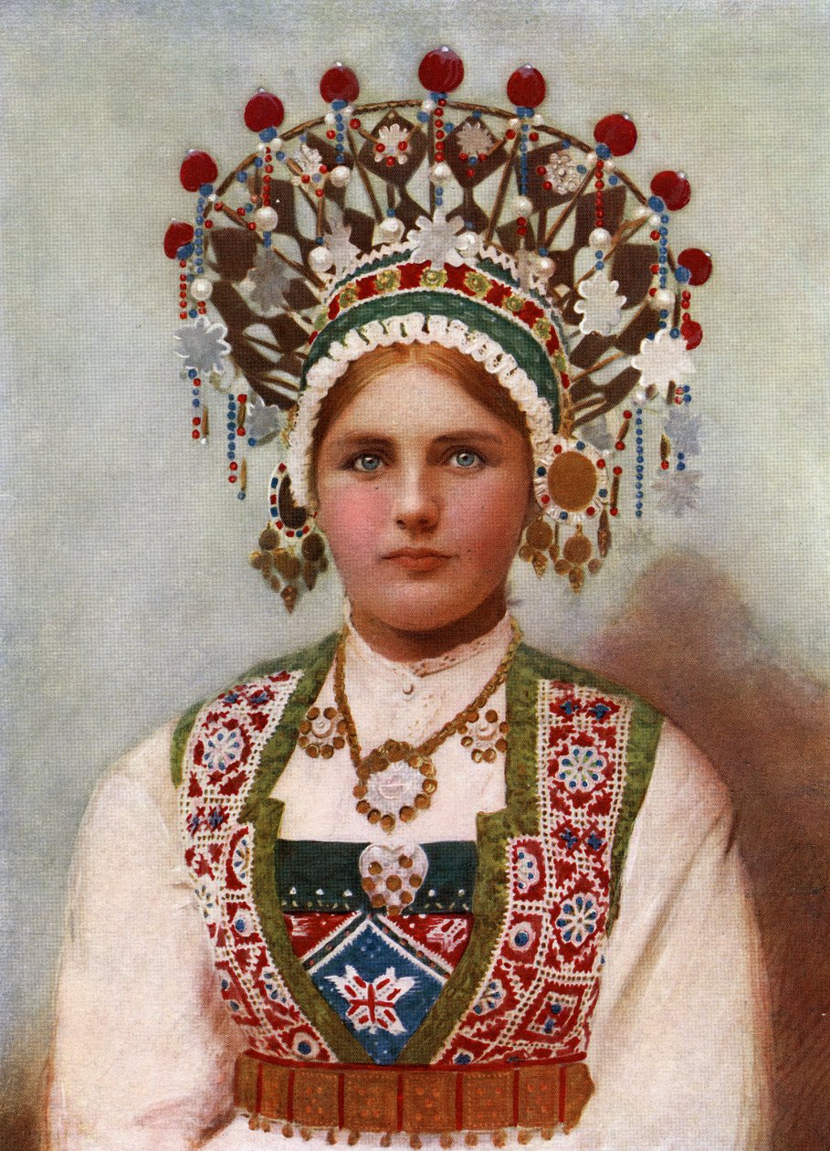 فتاة نرويجية في فستان الزفاف ، 1899 (طبعة زلال) بواسطة بيرغن ، النرويج Söstrene Persen