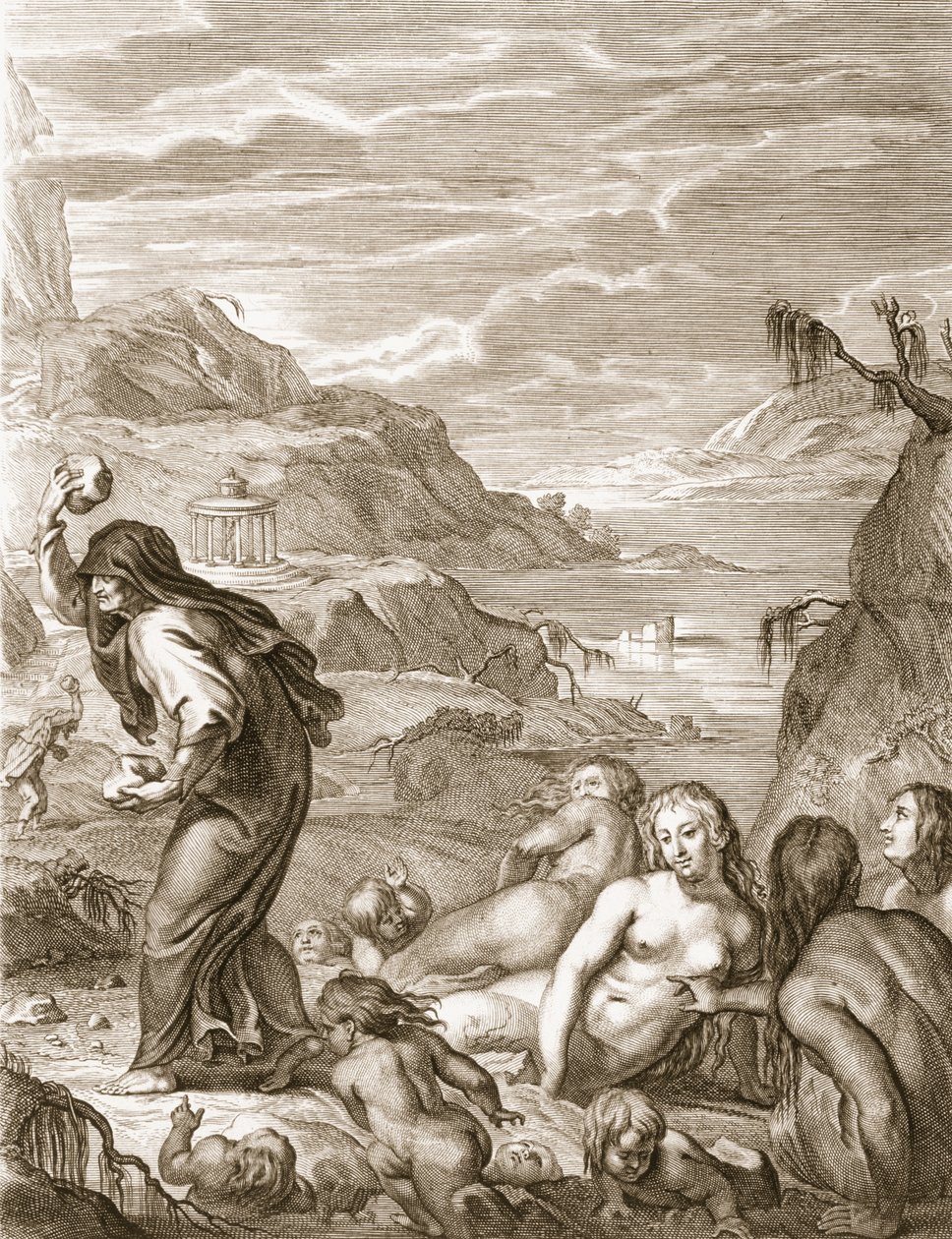 Deucalion و Pyrrha Repeople العالم من خلال رمي الحجارة خلفهم ، 1731 بواسطة برنارد بيكارت