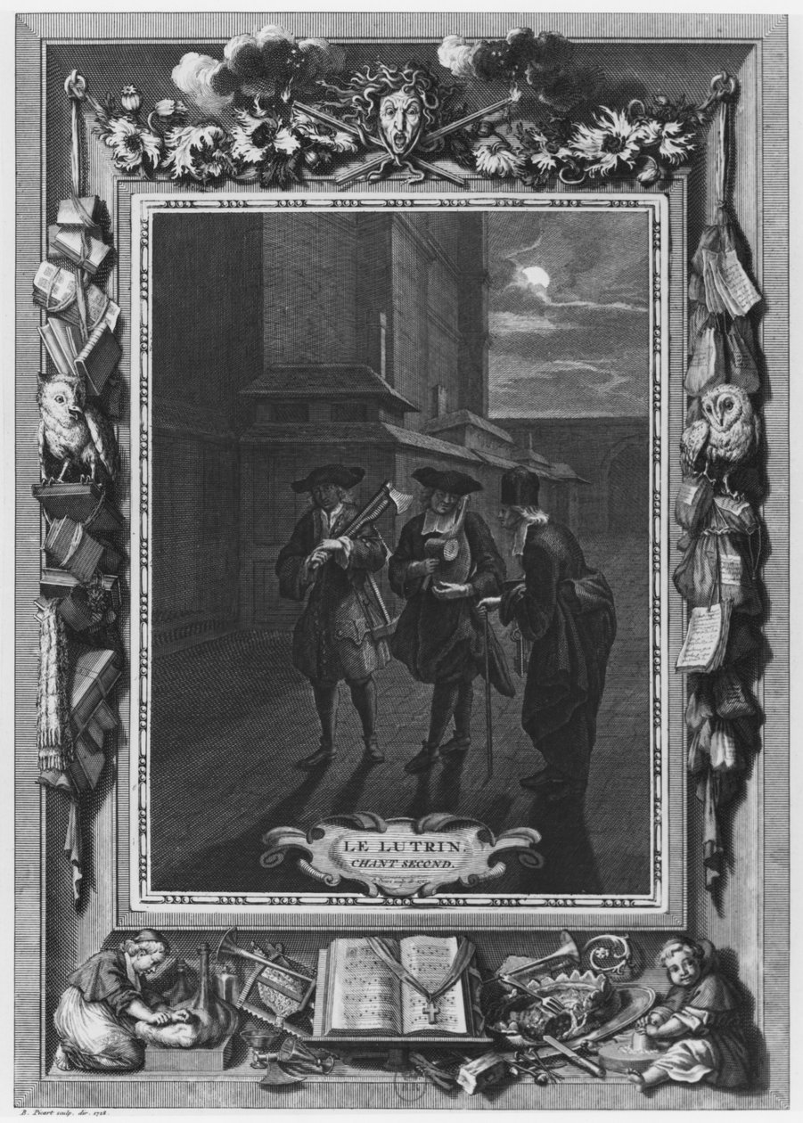 رسم توضيحي من "لوترين" لنيكولا بويلو ، المعروف باسم Boileau-Despreaux ، كانتو الثاني ، نُشر عام 1728 بواسطة برنارد بيكارت
