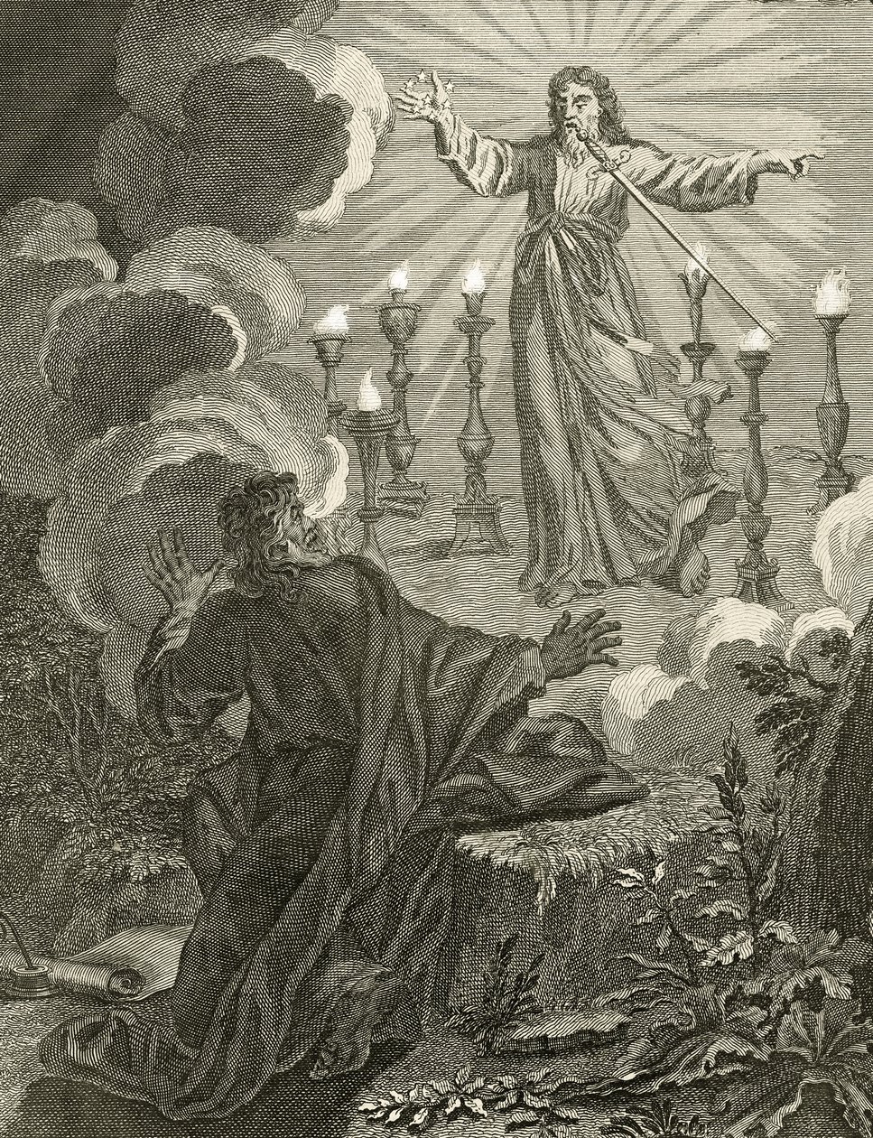 يظهر يسوع في سفر الرؤيا حاملاً سبع نجوم في يده اليمنى وسيف ذو حدين يخرج من فمه ، 1763 بواسطة برنارد بيكارت