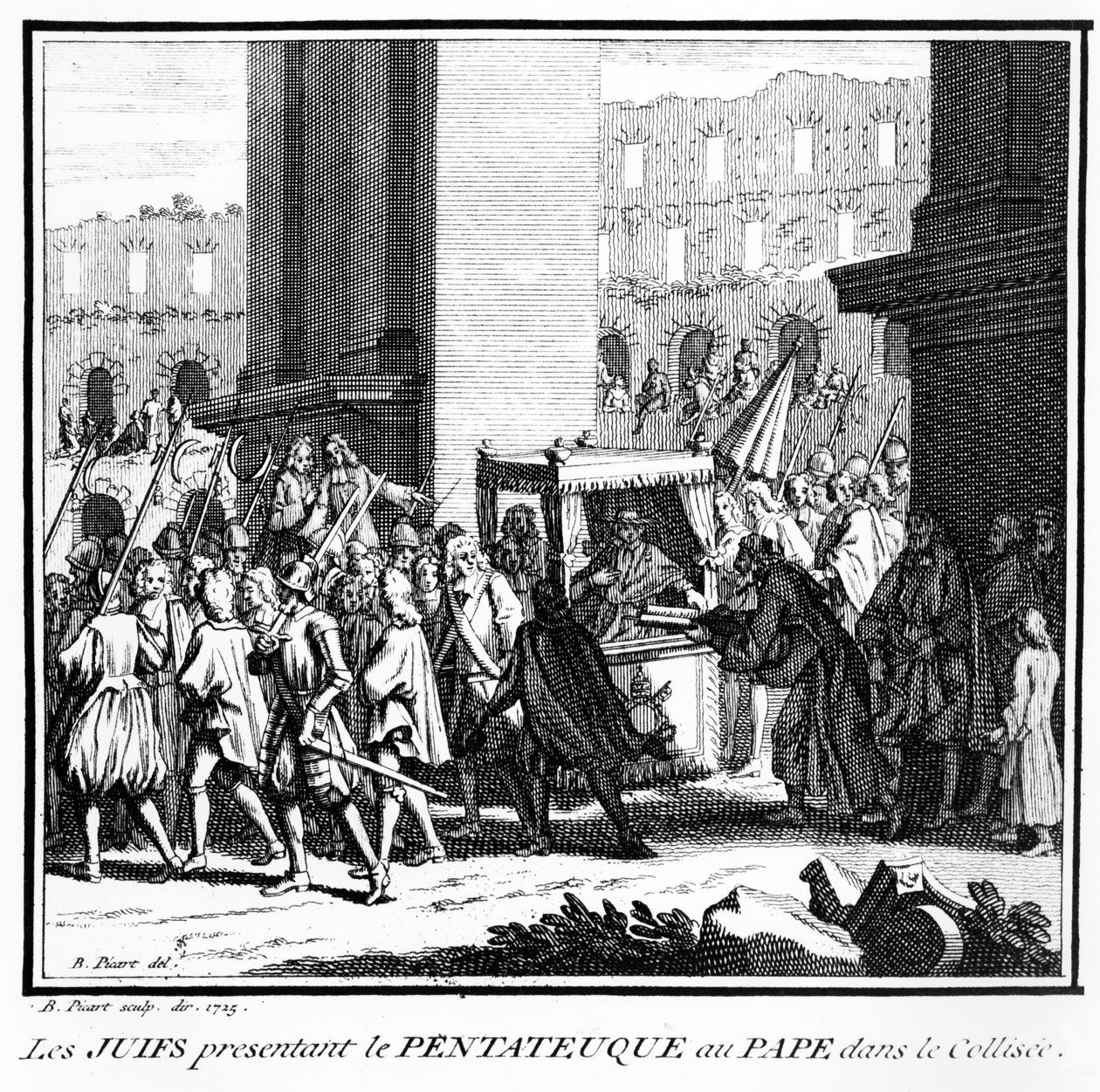 يهود روما يقدمون أسفار موسى الخمسة للبابا في الكولوسيوم ، 1725 بواسطة برنارد بيكارت