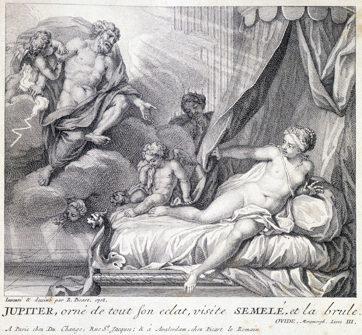 كوكب المشتري (زيوس) يحرق سيميل ببرقه. نقش من القرن الثامن عشر بعد رسم بي. بيكارت عام 1708. بواسطة برنارد (بعد) بيكارت