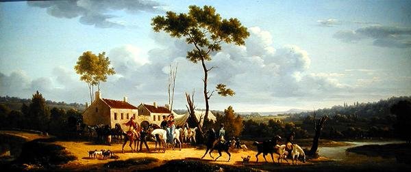 المسافرون على ظهور الخيل في منظر طبيعي (زيت على قماش) بواسطة برنارد إدوارد سويباخ