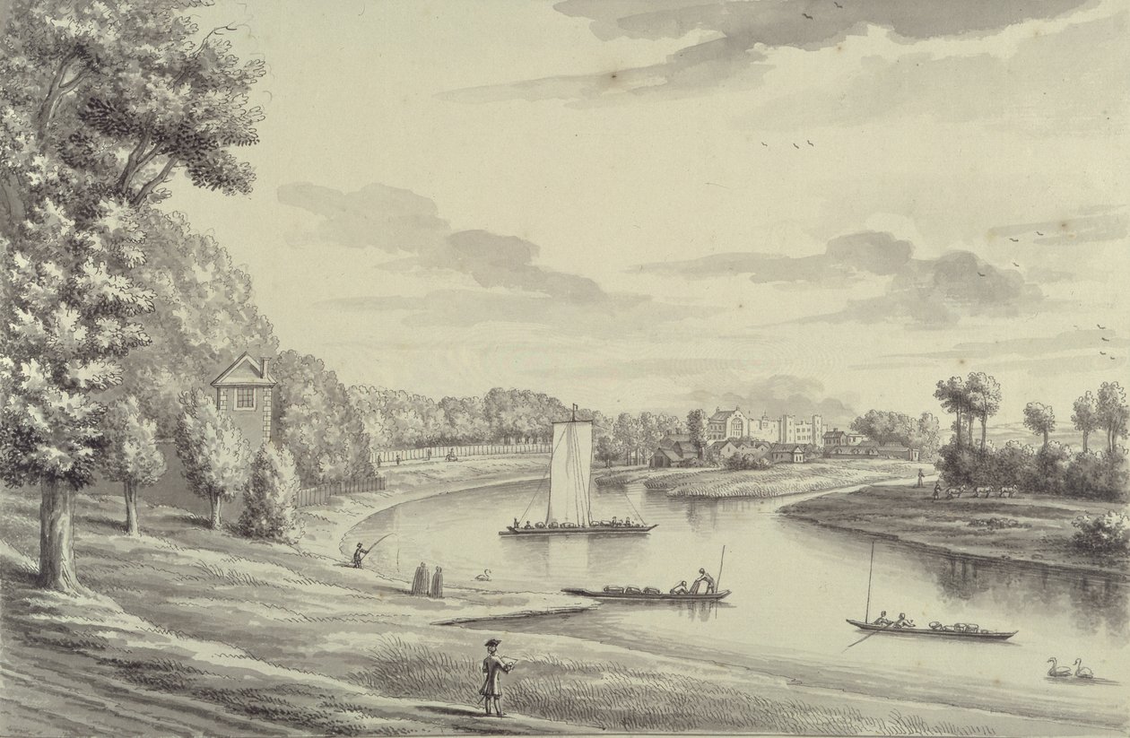 منظر غربي لعبارة هامبتون كورت وكنيسة هامبتون على مسافة 1731-1733 (قلم جاف وحبر أسود وغسلها على ورق ممدد) بواسطة عدسة برنارد الثالث