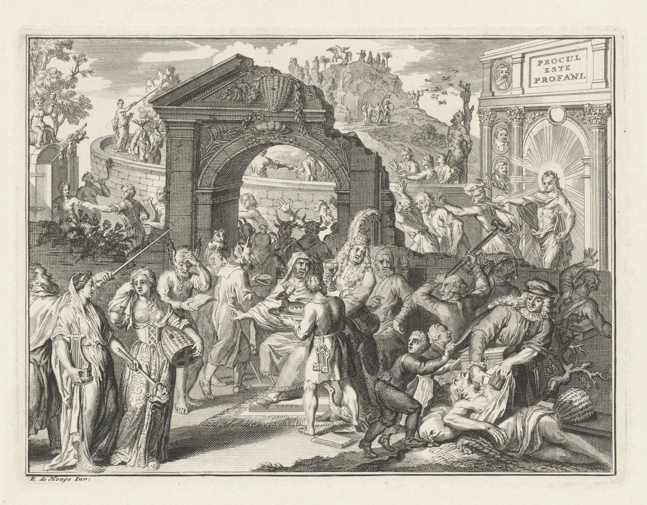رسم كاريكاتوري في معركة المسرح ، حوالي 1685 بواسطة برنارد بيكارت (منسوب إلى)