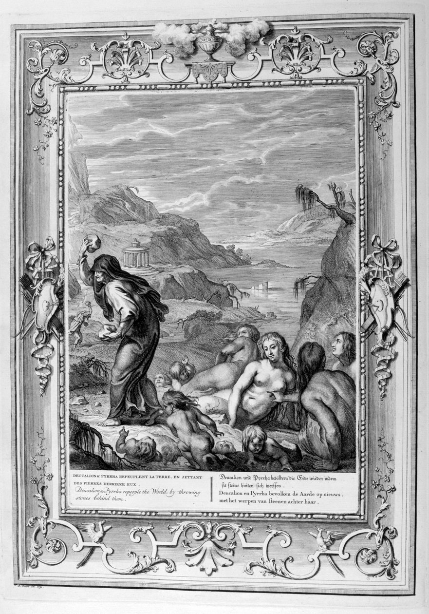 Deucalion و Pyrrha يعيدان العالم بإلقاء الحجارة خلفهما ، 1733 بواسطة برنارد بيكارت