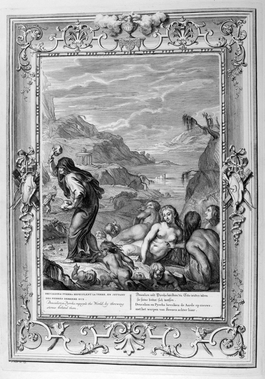 نجا Deucalion من الطوفان مع زوجته Pyrrha (نقش) بواسطة برنارد بيكارت