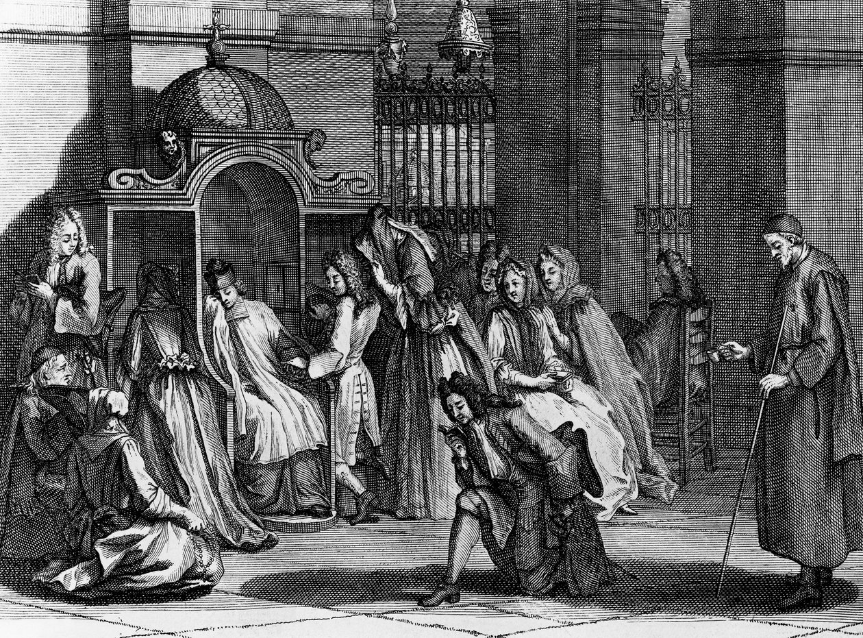 Faithful waiting in front of confessional, engraving by Bernard Picart (1673-1733) from Religious Ceremonies and Customs of All the Peoples of the World بواسطة برنارد بيكارت