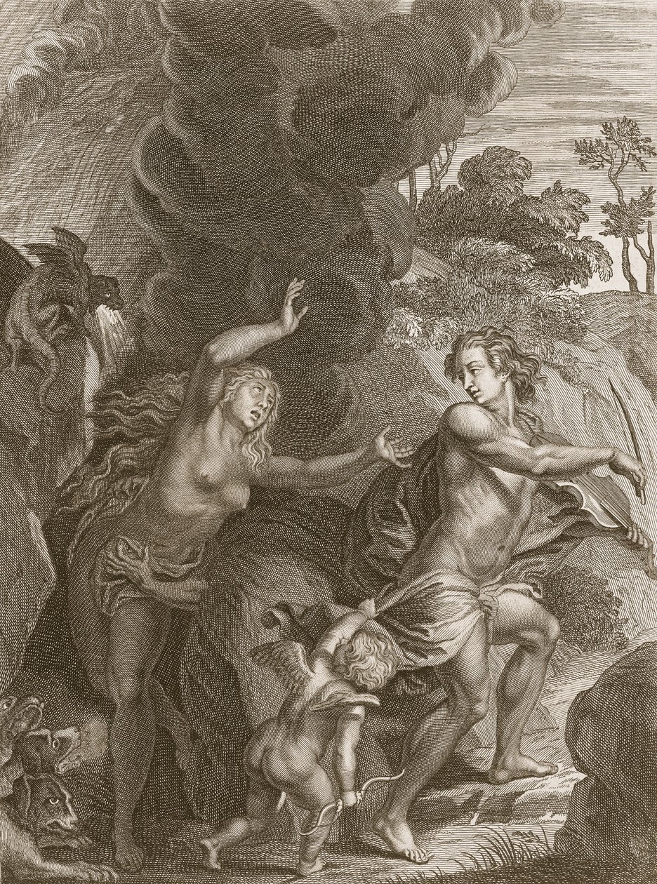 Orpheus ، قيادة يوريديس للخروج من الجحيم ، ينظر إليها ويخسرها إلى الأبد ، 1731 بواسطة برنارد بيكارت