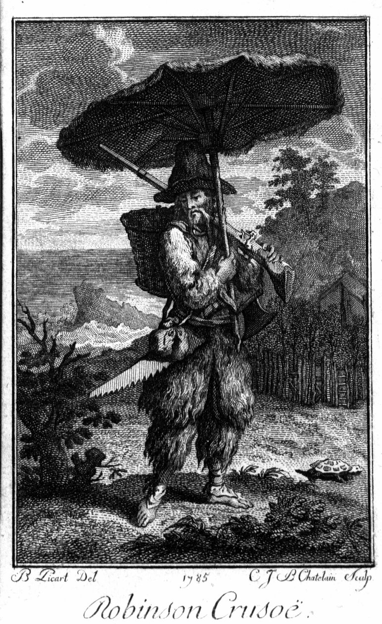 تمثيل روبنسون كروزو على جزيرته الصحراوية. نقش برنارد بيكارت (1673-1733) يوضح رواية دانيال ديفو أو دي فو (1660-1731) بواسطة برنارد بيكارت