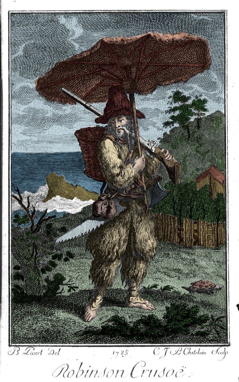 تمثيل روبنسون كروزو على جزيرته الصحراوية. نقش برنارد بيكارت (1673-1733) يوضح رواية دانيال ديفو أو دي فو (1660-1731) بواسطة برنارد بيكارت