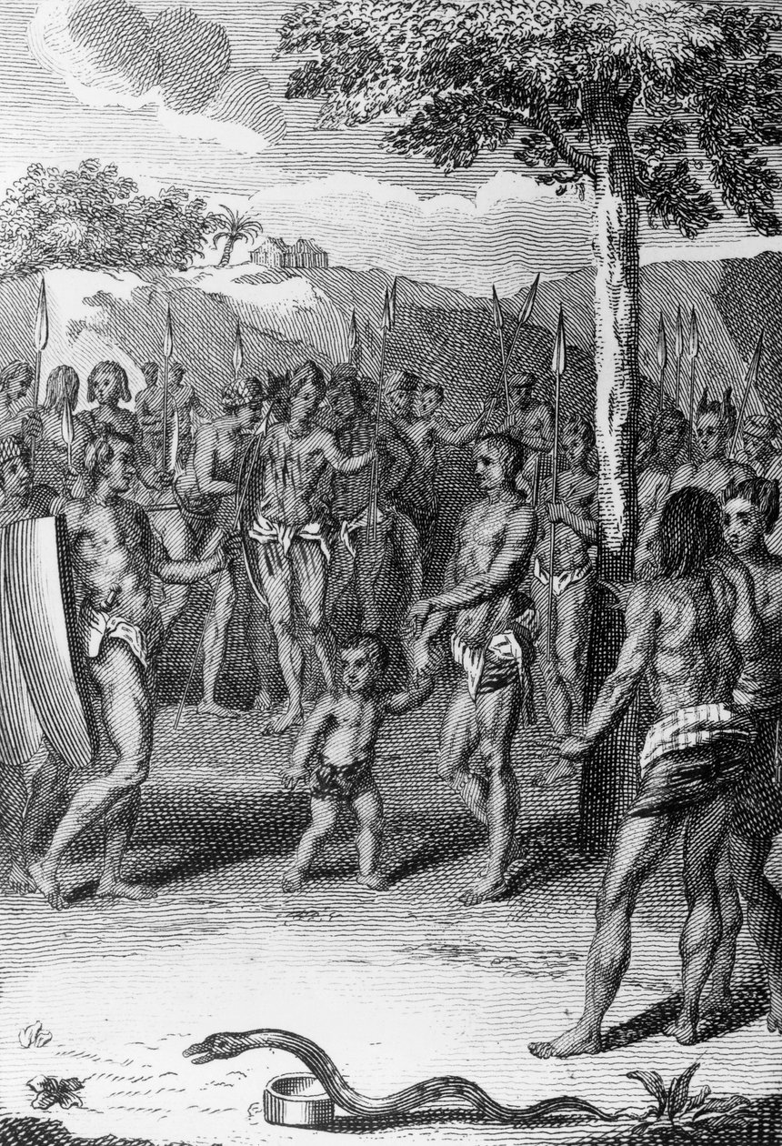 مراسم الطقوس ، مع ثعبان في المقدمة ، غينيا ، من Histoire Generale des Ceremonies، moeurs، et coutumes Religiousness de tous les people du monde ، بقلم أنطوان بانييه (1673-1741) وجان بابتيست لو ماسكرير (1697-1760) بواسطة برنارد بيكارت