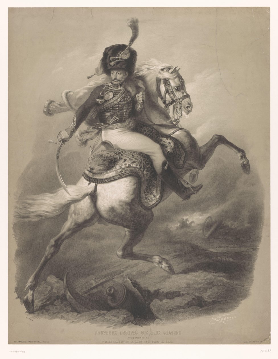مهاجمة الضابط على ظهور الخيل Le chasseur de la garde (العنوان على الكائن) مطبوعات حجرية جديدة بنوعين من الطباشير (عنوان السلسلة) مجموعات Nouveaux aux deux crayons (عنوان السلسلة على الكائن) بواسطة برنارد رومان جوليان