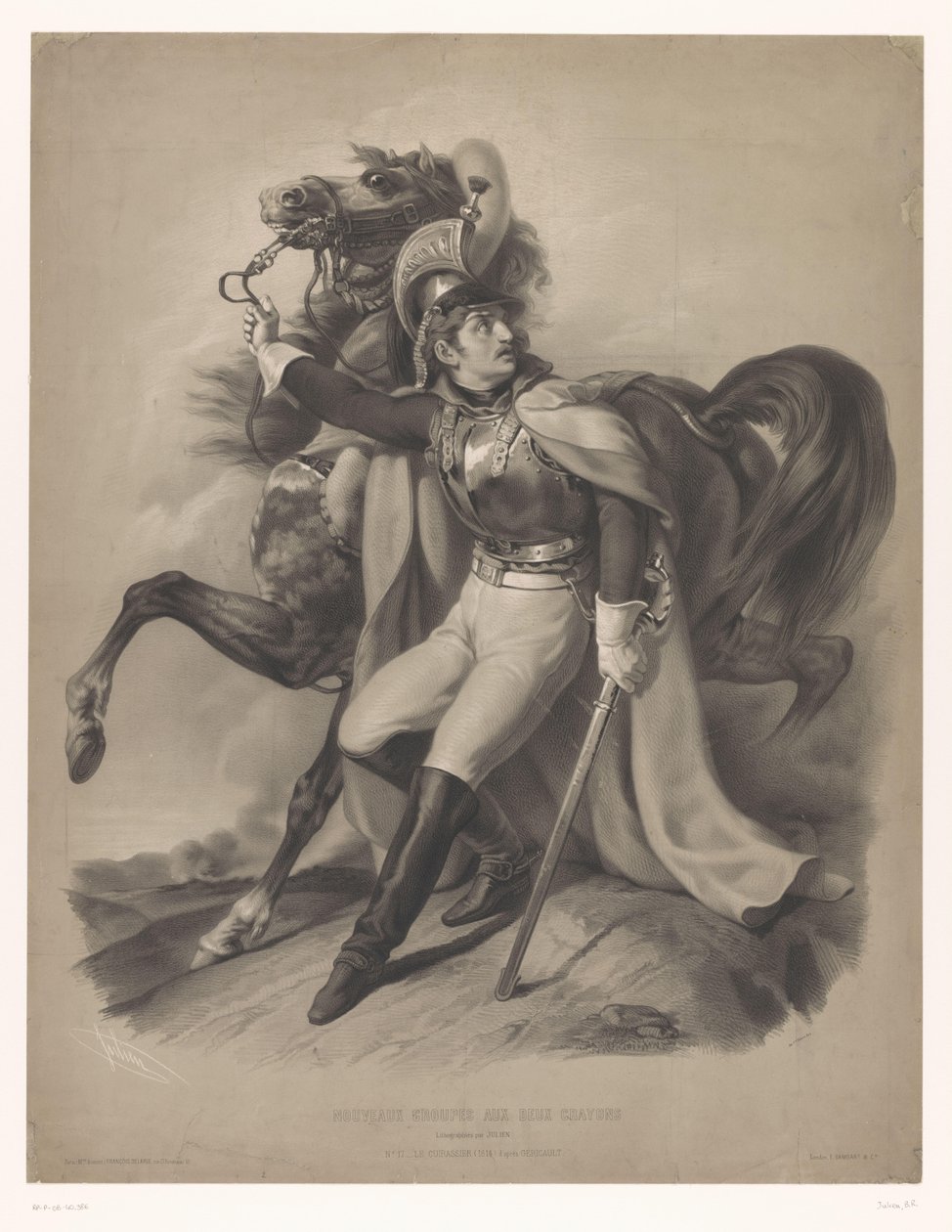 Cuirassier بجانب حصانه Le cuirassier (العنوان على الكائن) مطبوعات حجرية جديدة بنوعين من الطباشير (عنوان السلسلة) مجموعات Nouveaux aux deux crayons (عنوان السلسلة على الكائن) بواسطة برنارد رومان جوليان