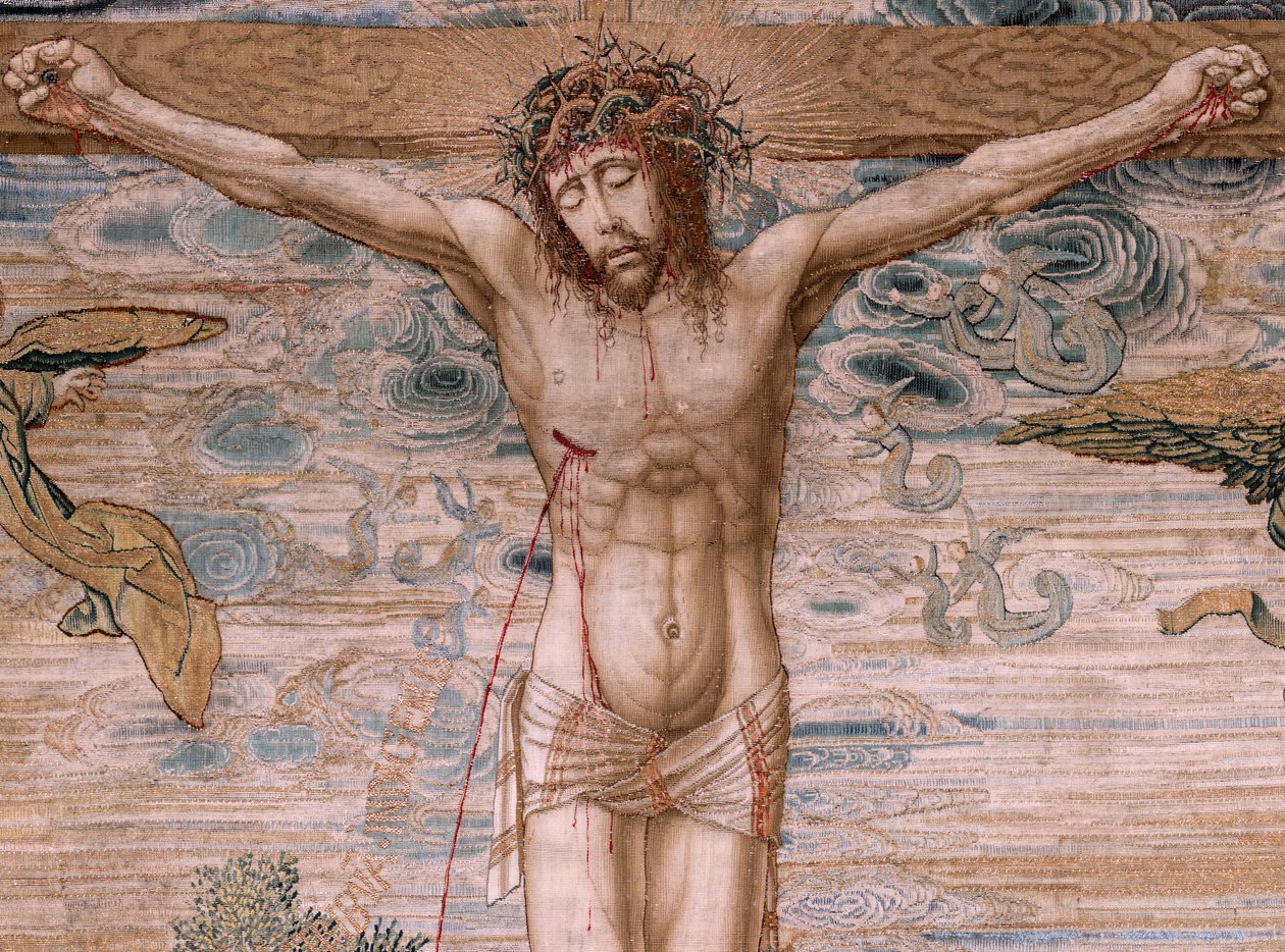 نسيج الفلمنكية. سلسلة ديس شارل الخامس (بالداشين مارغريت النمسا). المسيح الرحمة (Cristo de la Misericordia). لوحة نسيج خلف المنصة. نموذج برنارد فان أورلي (1491-1542). تصنيع بيتر دي بانميكر، بروكسل. 1518-1524. قماش ز بواسطة برنارد فان أورلي