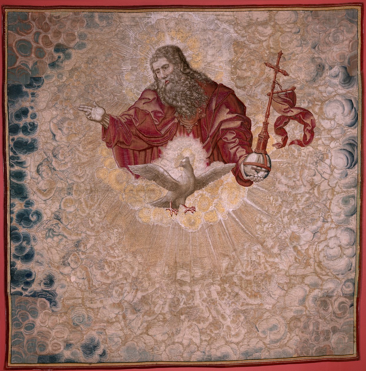 نسيج فلمنكي. سلسلة Dais of Charles V (Baldachin of Margaret of Austria). الله الآب والروح القدس (El Padre Eterno y el Espíritu Santo). نسيج من المنصة. الموديل برنارد فان أورلي (1491-1542). مصنع Pieter de Pannemaker ، بواسطة برنارد فان أورلي