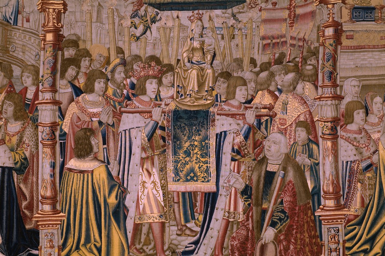 نسيج فلمنكي. سلسلة The Legend of the Madonna of the Sablon (The Legend of Our Lady of the Sablon). وصول تمثال مادونا. صنع بروكسل. رسام الكاريكاتير باريند فان أورلي بواسطة برنارد فان أورلي