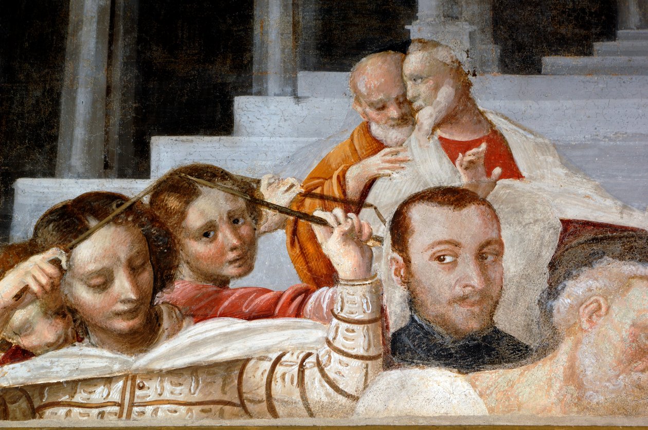 شخصيات من الذكور والإناث ، تفاصيل من Cycle of Virgin (1553) ، لوحة جدارية لبرناردينو لانينو (1512-1583) ، الخزانة السفلية في كاتدرائية نوفارا ، بيدمونت ، إيطاليا بواسطة برناردينو لانينو