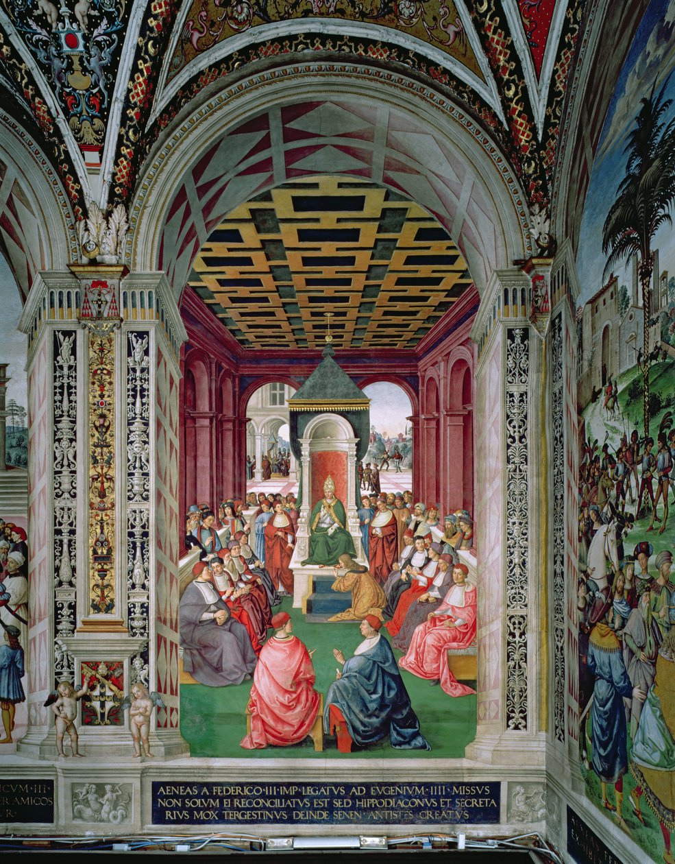 إينيس سيلفيوس بيكولوميني (1405-64) يقدم وثيقة تقديم إلى البابا يوجين الرابع (1383-1447) في 7 فبراير بواسطة برناردينو دي بيتو بينتوريتشيو