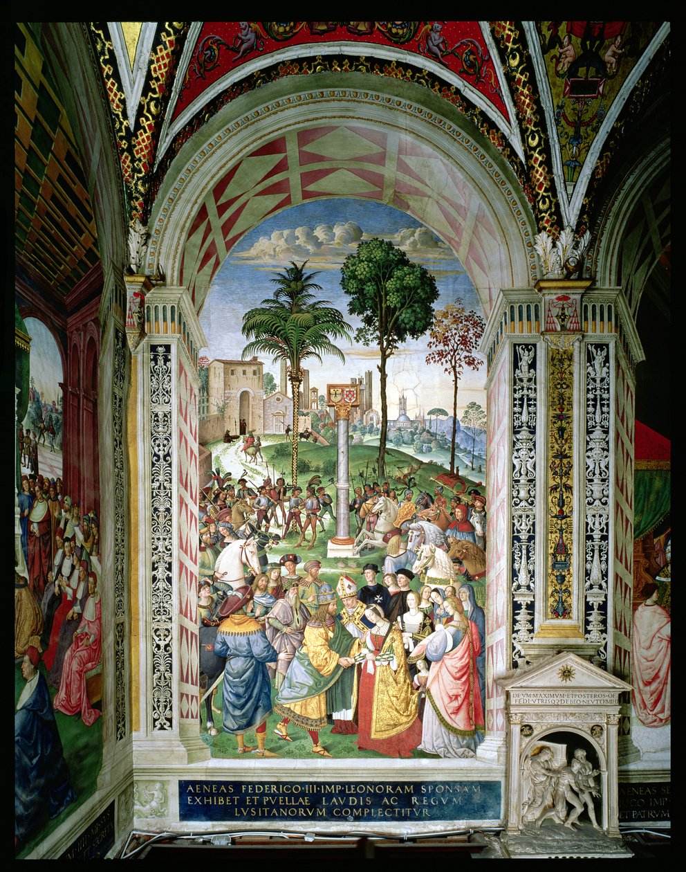 إينيس سيلفيوس بيكولوميني (1405-64) يقدم إليونورا من أراغون إلى فريدريك الثالث (1415-1993) في 24 فبراير 1452 (في الهواء الطلق) بواسطة برناردينو دي بيتو بينتوريتشيو
