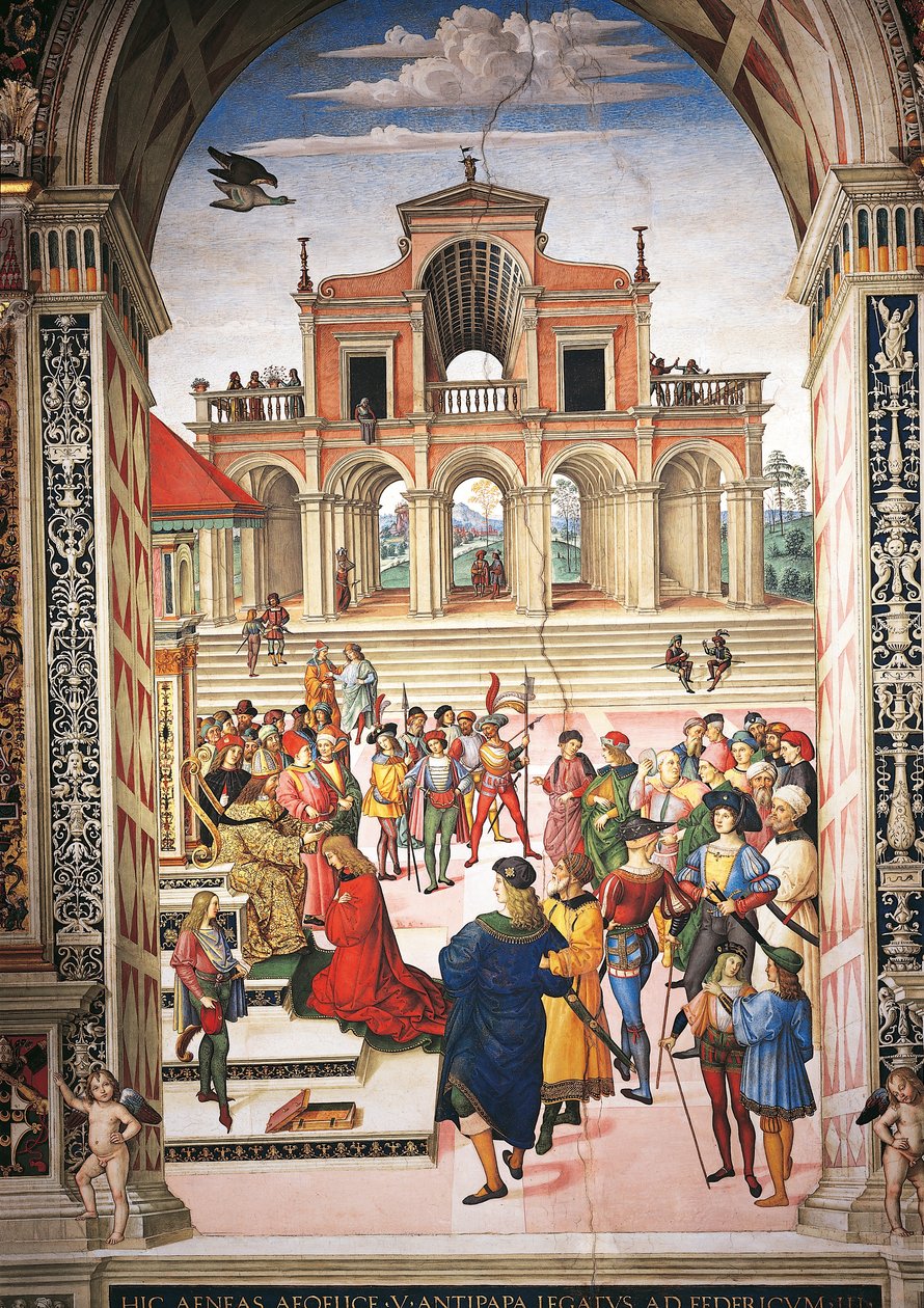 إيطاليا ، سيينا ، الكاتدرائية ، مكتبة Piccolomini ، Enea Silvio Piccolomini حصل على جائزة الشاعر من قبل الإمبراطور فريدريك الثالث ، تفاصيل من قصص بيوس الثاني بواسطة برناردينو دي بيتو بينتوريتشيو