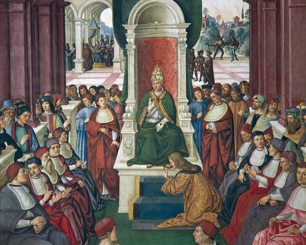 إيطاليا ، سيينا ، الكاتدرائية ، مكتبة Piccolomini ، Enea Silvio Piccolomini في حالة التقديم إلى البابا أوجينيوس الرابع ، تفاصيل من قصص بيوس الثاني بواسطة برناردينو دي بيتو بينتوريتشيو