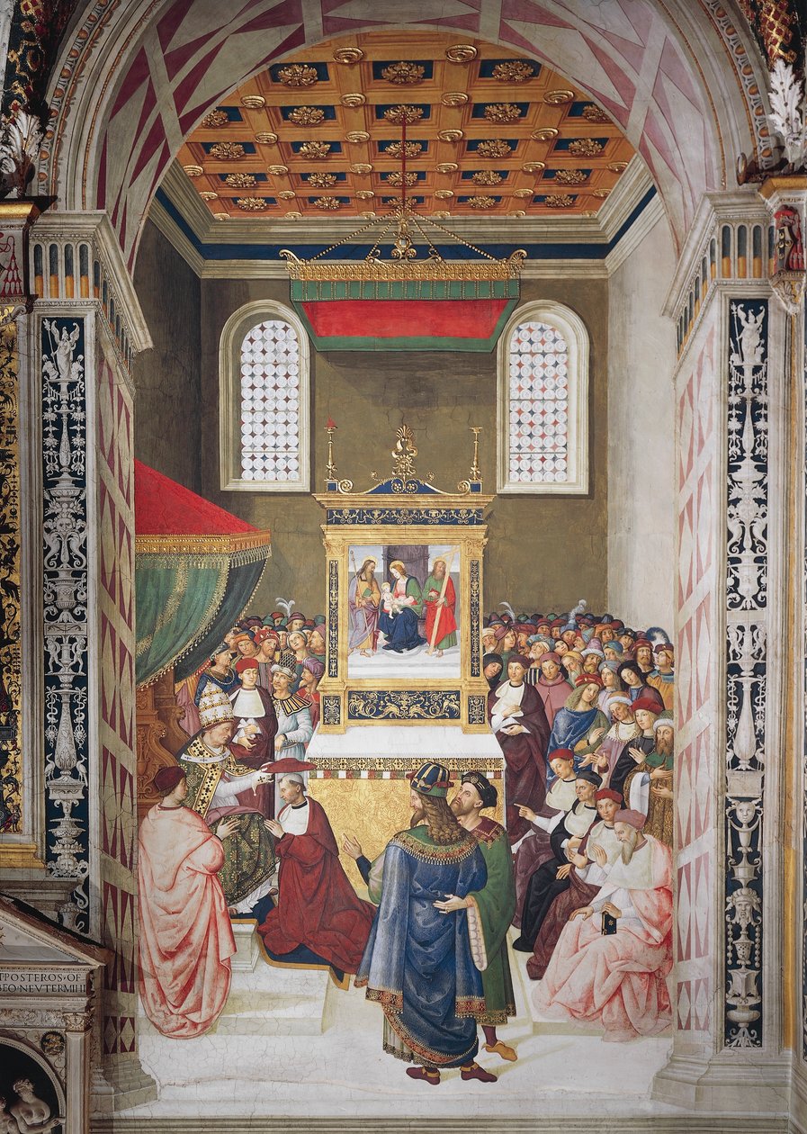 إيطاليا ، سيينا ، الكاتدرائية ، مكتبة Piccolomini ، Enea Silvio Piccolomini تلقي قبعة الكاردينال من Calixtus III ، تفاصيل من Stories of Pius II بواسطة برناردينو دي بيتو بينتوريتشيو